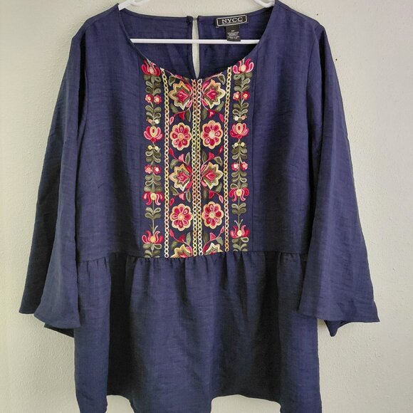 Womens Plus Size 2X Boho Floral Top Blouse Embroidered Ruffles Bell Sleeves - Picture 1 of 9